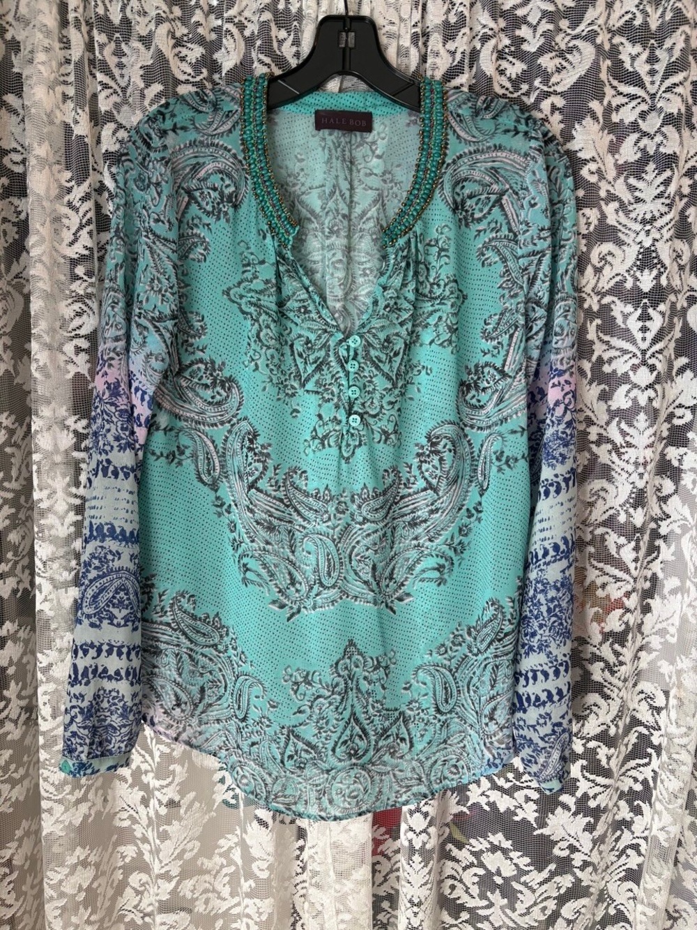 Hale Bob Turquoise Paisley Beaded V-Neck Blouse